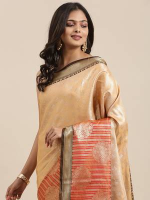 Beige woven Faux kanchipuram silk saree with blouse 1