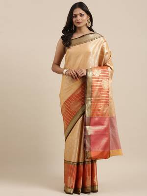Beige woven Faux kanchipuram silk saree with blouse 2