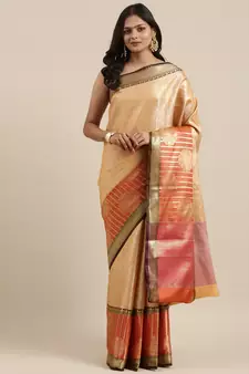 Beige woven Faux kanchipuram silk saree with blouse