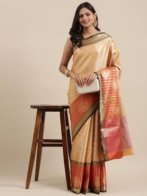 Beige woven Faux kanchipuram silk saree with blouse 3