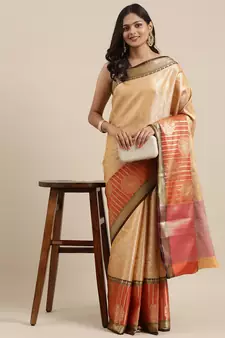 Beige woven Faux kanchipuram silk saree with blouse