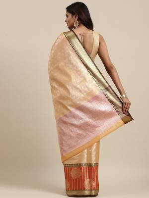 Beige woven Faux kanchipuram silk saree with blouse 4