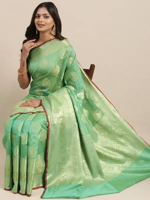 Sea green woven banarasi silk saree with blouse 2