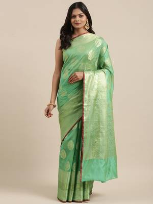 Sea green woven banarasi silk saree with blouse 3