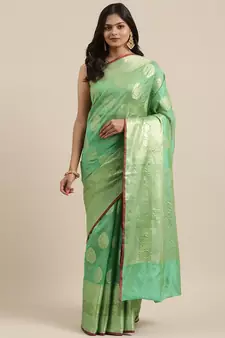 Sea green woven banarasi silk saree with blouse