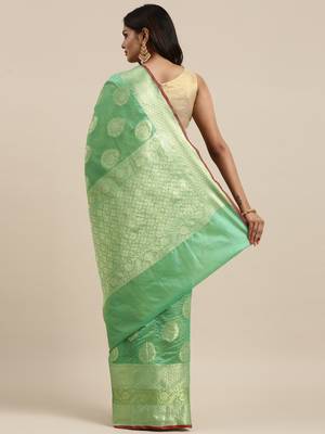 Sea green woven banarasi silk saree with blouse 4