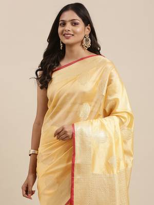 Peach woven banarasi silk saree with blouse 2