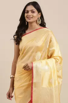 Peach woven banarasi silk saree with blouse