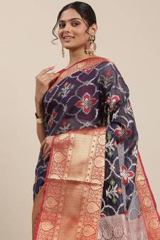 Blue woven Faux kanchipuram silk saree with blouse