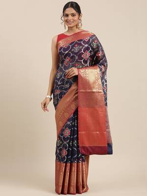 Blue woven Faux kanchipuram silk saree with blouse 2