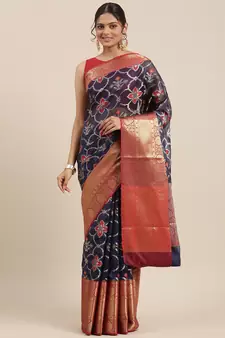 Blue woven Faux kanchipuram silk saree with blouse