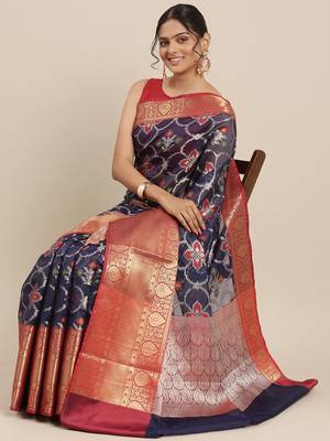 Blue woven Faux kanchipuram silk saree with blouse 3