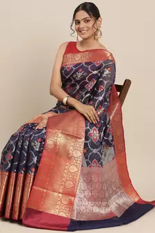 Blue woven Faux kanchipuram silk saree with blouse