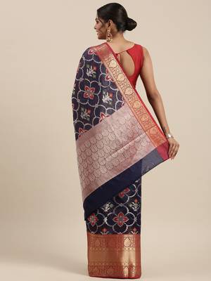 Blue woven Faux kanchipuram silk saree with blouse 4