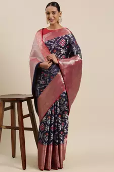 Blue woven kanchipuram silk blend saree with blouse
