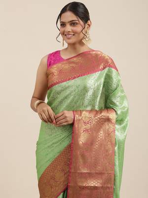 Green woven Faux kanchipuram silk saree with blouse 1