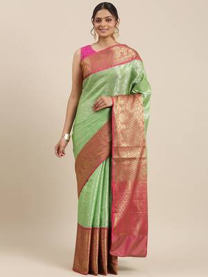 Green woven Faux kanchipuram silk saree with blouse 2