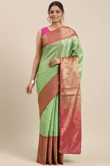 Green woven Faux kanchipuram silk saree with blouse