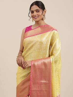 Gold woven kanchipuram silk saree with blouse 1