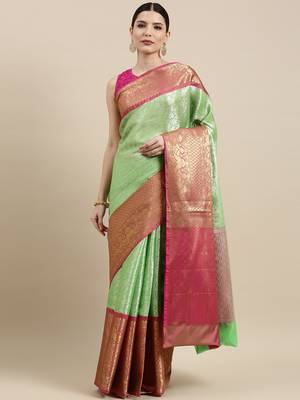 Green woven kanchipuram silk saree with blouse 2