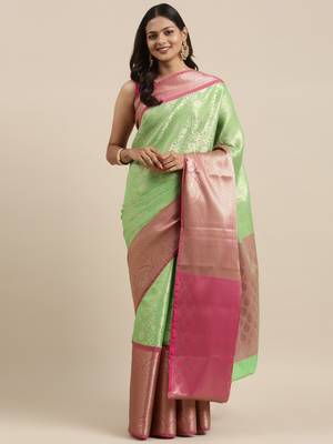 Green woven kanchipuram silk saree with blouse 2