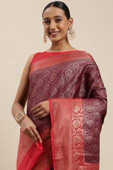 Brown woven cotton silk saree with blouse