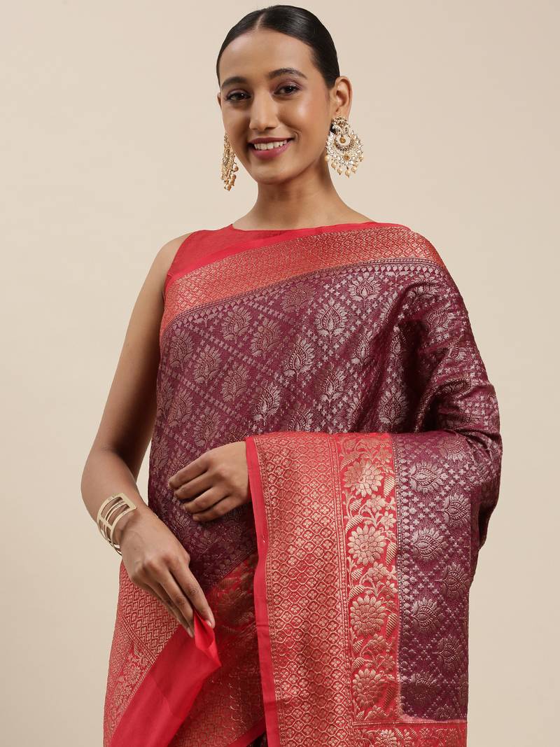 Brown woven cotton silk saree with blouse