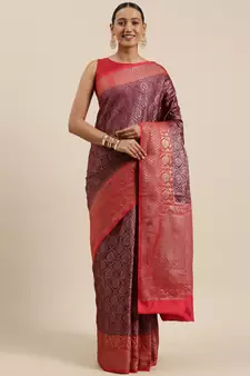 Brown woven cotton silk saree with blouse