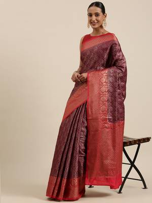 Brown woven cotton silk saree with blouse 3