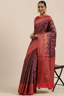 Brown woven cotton silk saree with blouse