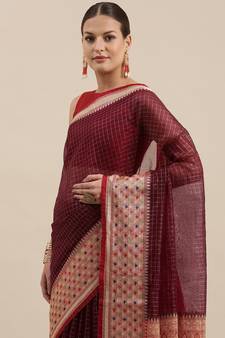 Brown woven cotton silk saree with blouse