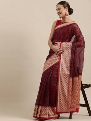 Brown woven cotton silk saree with blouse 2