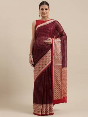 Brown woven cotton silk saree with blouse 3