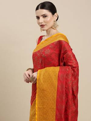 Red woven dupion silk saree with blouse 1