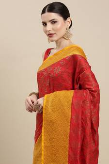 Red woven dupion silk saree with blouse