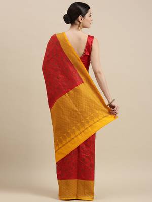 Red woven dupion silk saree with blouse 4