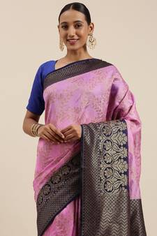 Pink woven dupion silk saree with blouse
