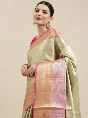 Beige woven Faux kanchipuram silk saree with blouse 1