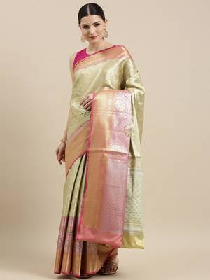 Beige woven Faux kanchipuram silk saree with blouse 2