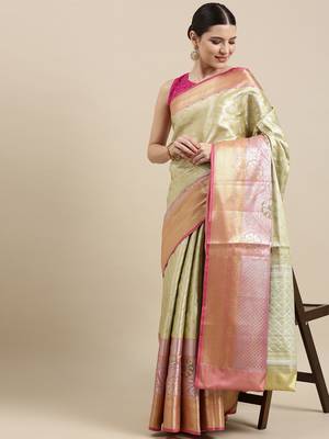 Beige woven Faux kanchipuram silk saree with blouse 3