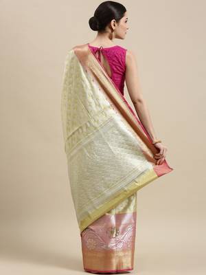 Beige woven Faux kanchipuram silk saree with blouse 4
