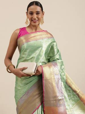 Sea green woven kanchipuram silk saree with blouse 1