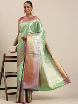 Sea green woven kanchipuram silk saree with blouse 3