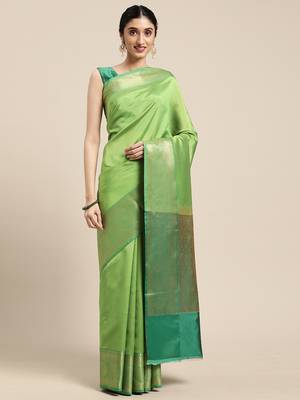 Green woven katan silk saree with blouse 1