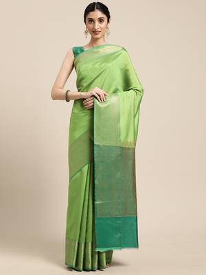 Green woven katan silk saree with blouse 2