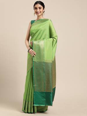 Green woven katan silk saree with blouse 4