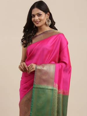 Pink woven katan silk saree with blouse 1