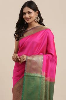 Pink woven katan silk saree with blouse