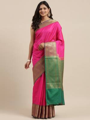 Pink woven katan silk saree with blouse 2