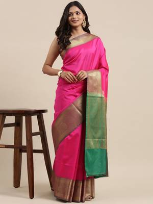 Pink woven katan silk saree with blouse 3